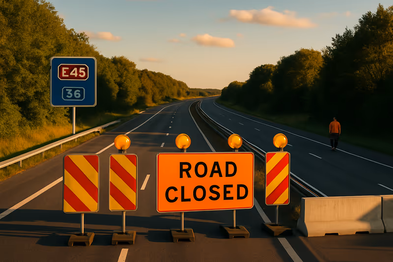 E45 Motorway Near Horsens to Close Completely This Weekend